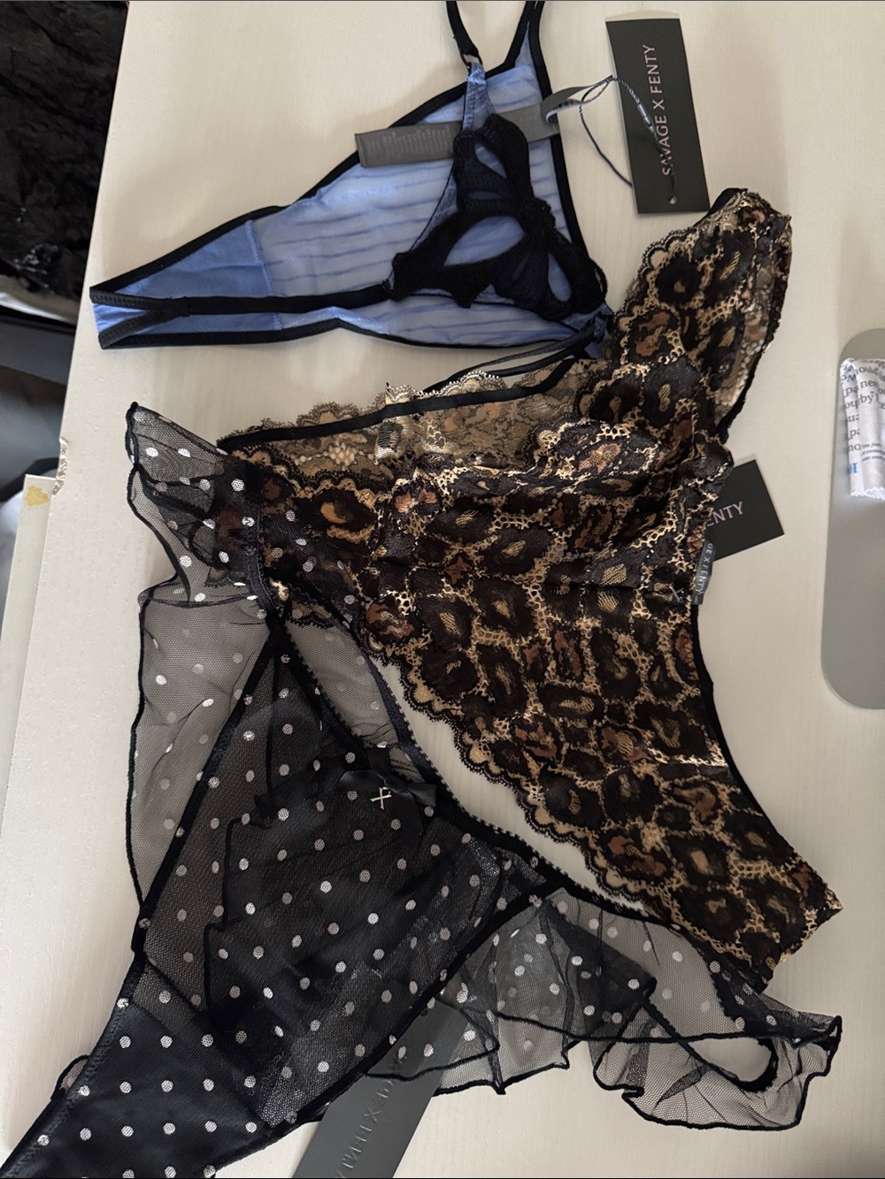 NWT Savage X Fenty Lace & Mesh Thong Trio - Black, Brown, Blue Lingerie XL